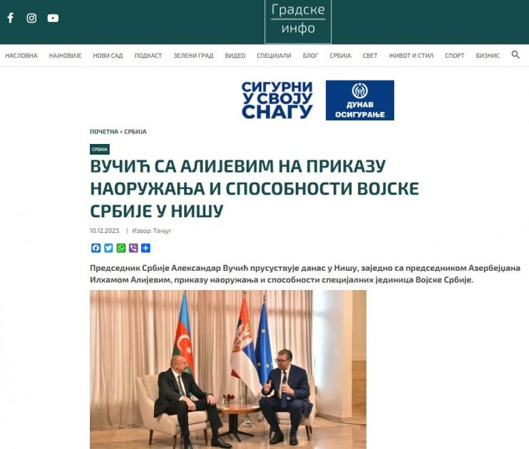 President Ilham Aliyev's visit to Serbia widely covered in local media