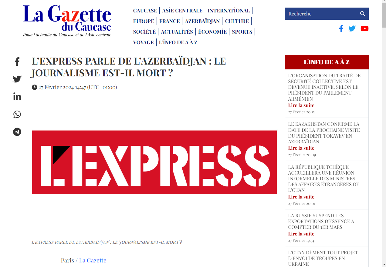 French La Gazette du Caucase newspaper criticizes anti-Azerbaijani article of L'Express