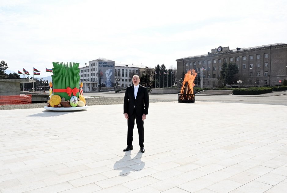 President Ilham Aliyev lit Novruz bonfire in Khankendi, congratulated Azerbaijani people on occasion of holiday (PHOTO/VIDEO)
