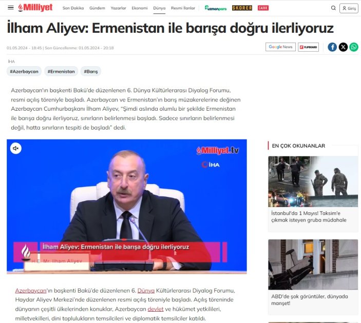 Türkiyə mediası Prezident İlham Əliyevin Mədəniyyətlərarası Dialoq Forumunun açılış mərasimindəki açıqlamalarına geniş yer verib (FOTO)