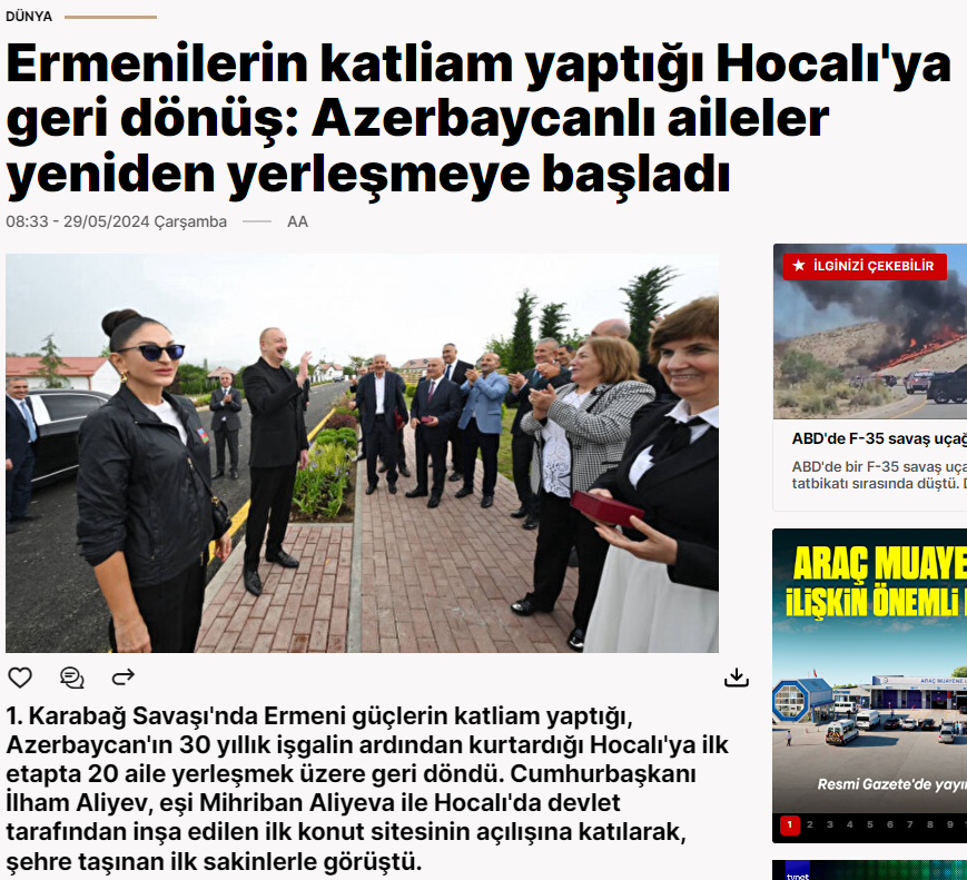 Top Turkish media cover President Ilham Aliyev and First Lady Mehriban Aliyeva's Khojaly visit (PHOTO)