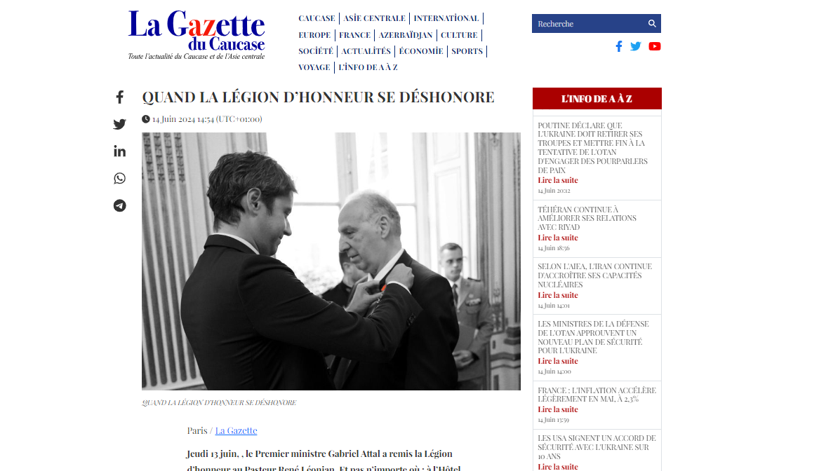 La Gazette du Caucase reveals truth behind award to Armenian pastor - French Legion of Honor loses its prestige