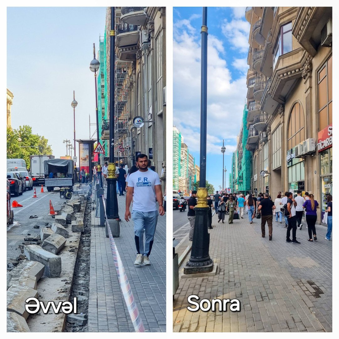 "Sahil" metrostansiyasının qarşısı təmirdən sonra: Səkilər genişləndirilib (FOTO)