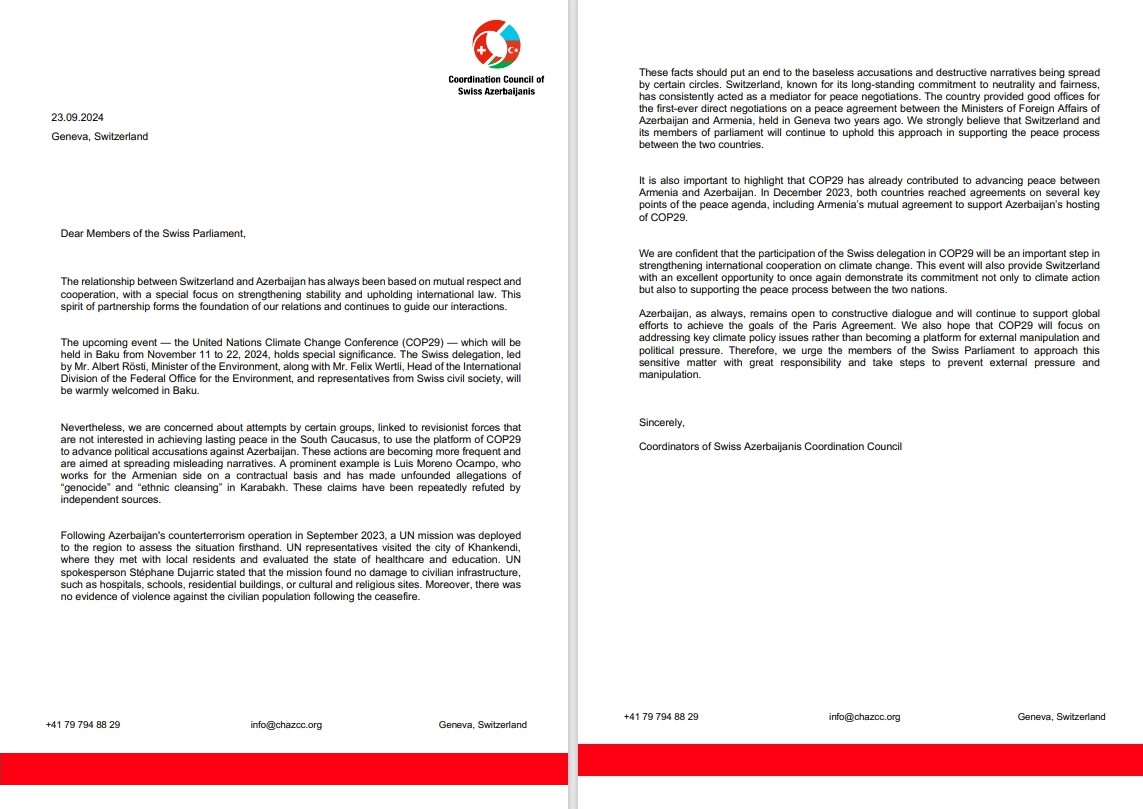 Azerbaijani diaspora addresses statement to Swiss parliament