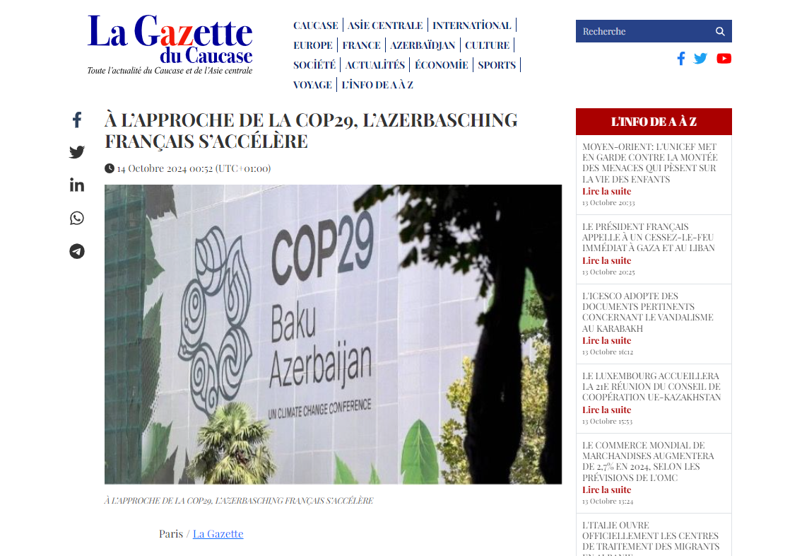 French media double down on criticism of Azerbaijan ahead of COP29 - La Gazette du Caucase exposes hypocrisy