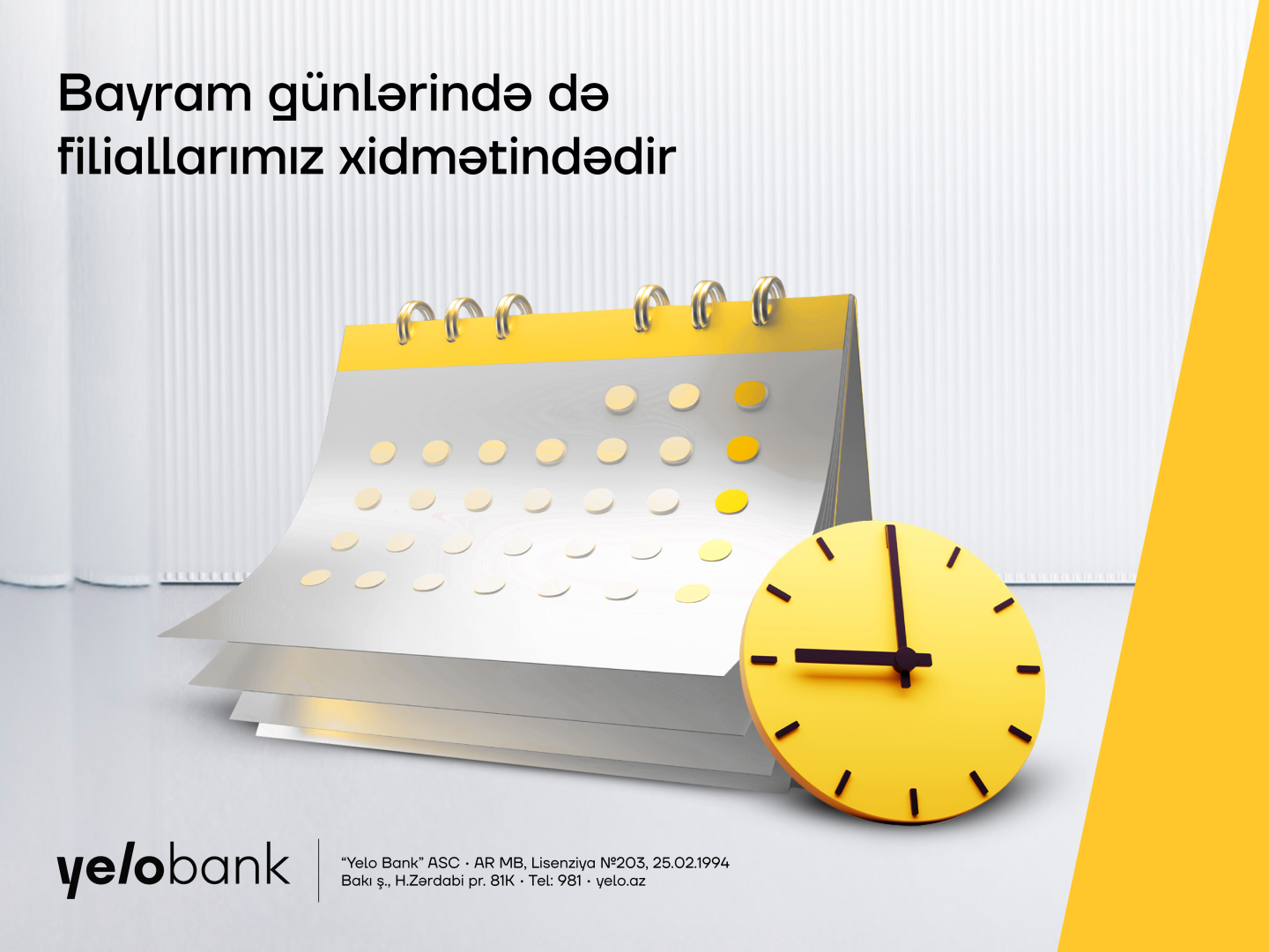 Bayram günləri Yelo Bank filialları xidmətinizdə olacaq