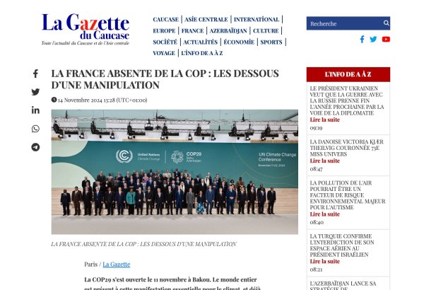 La Gazette du Caucase blasts French politicians for undermining COP29 with Armenian bias