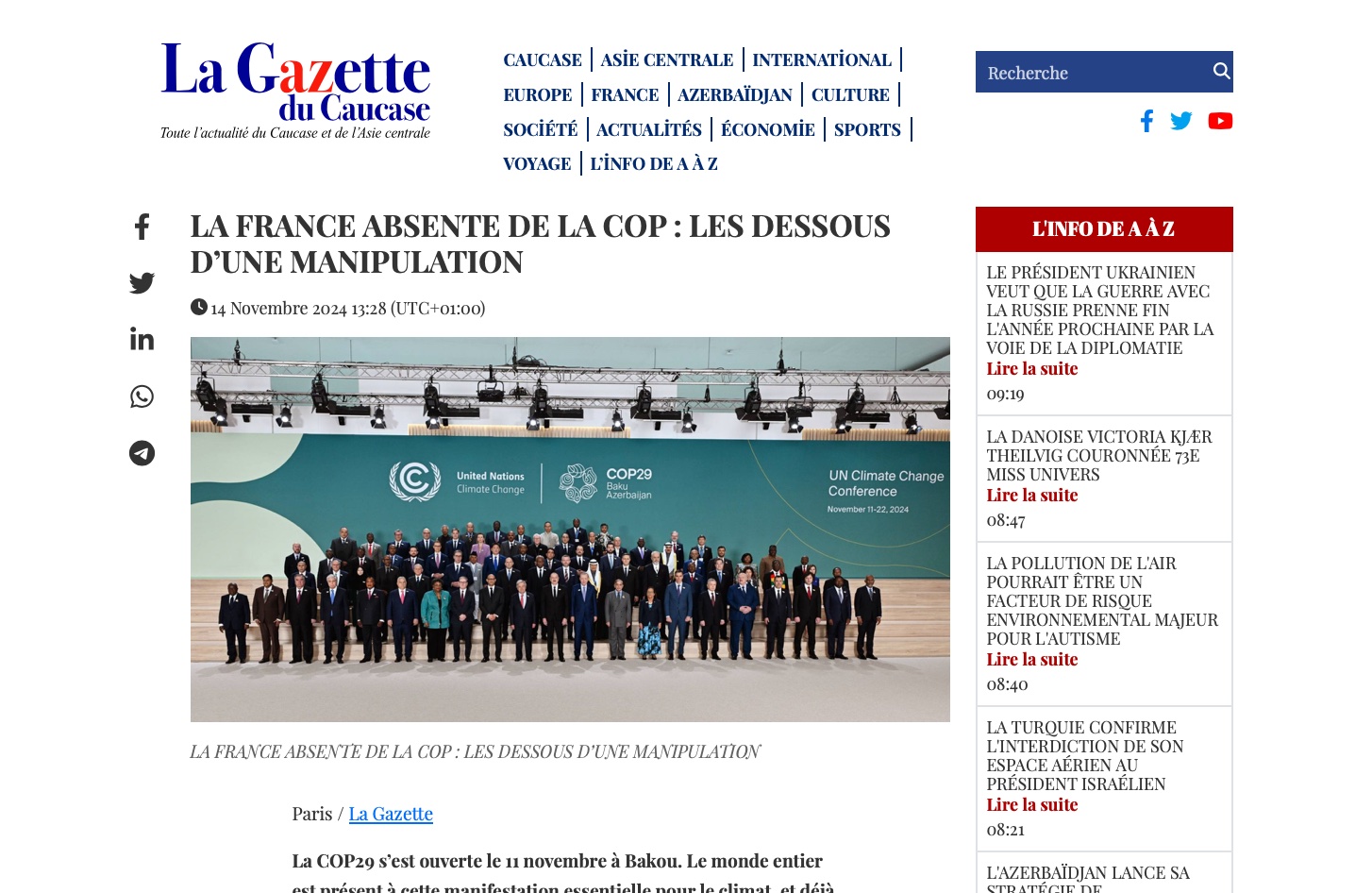 La Gazette du Caucase blasts French politicians for undermining COP29 with Armenian bias