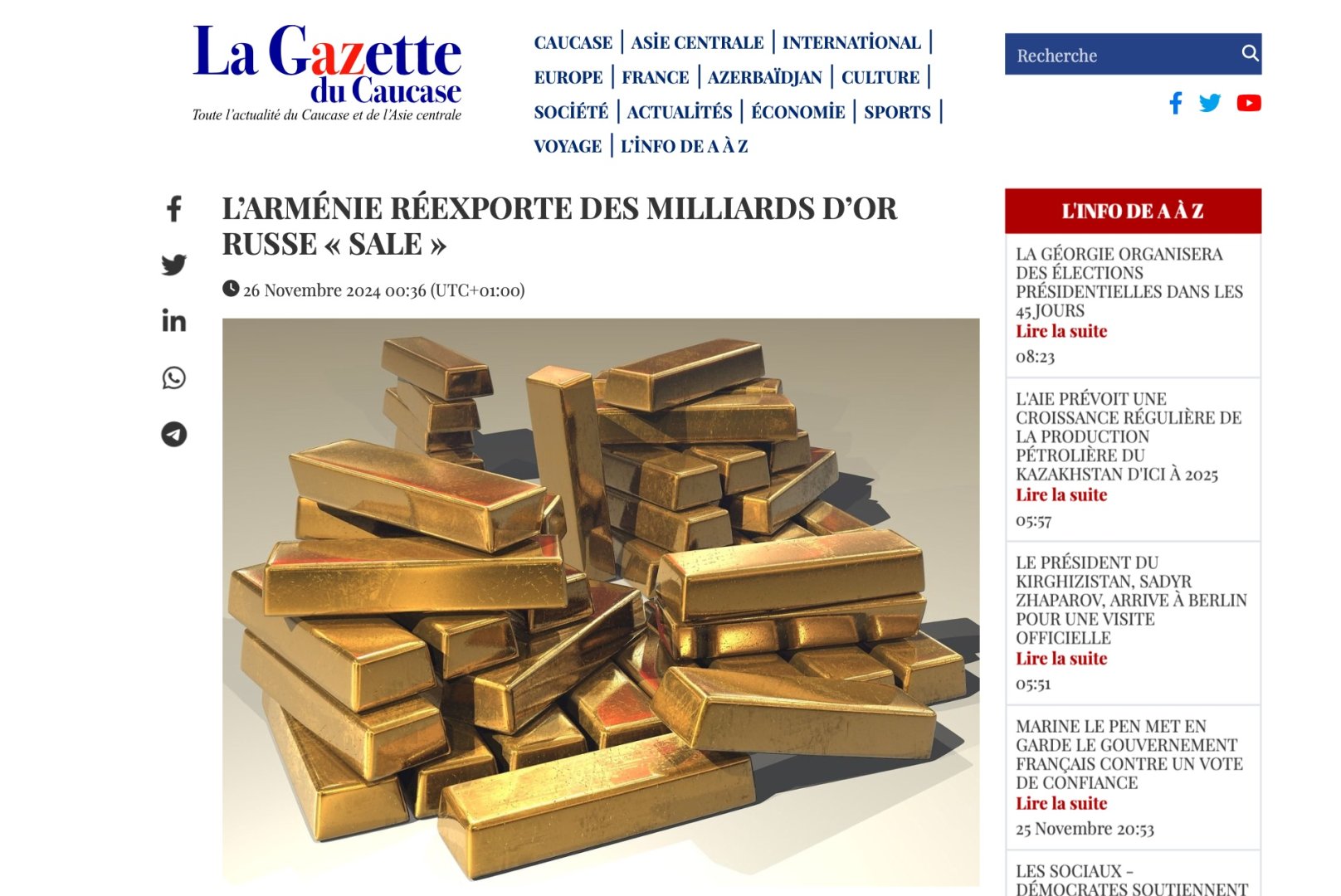 French La Gazette du Caucase exposes Armenian gold trade as sanction-busting scheme