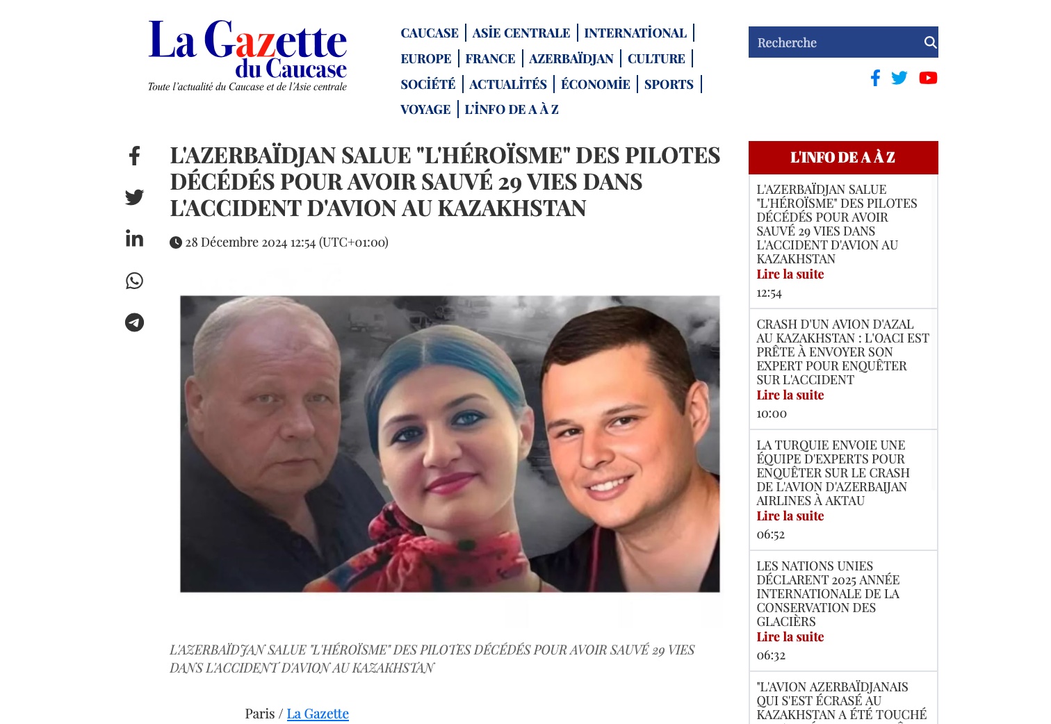 La Gazette du Caucase on Aktau plane crash: AZAL crew exhibited extraordinary professionalism and heroism