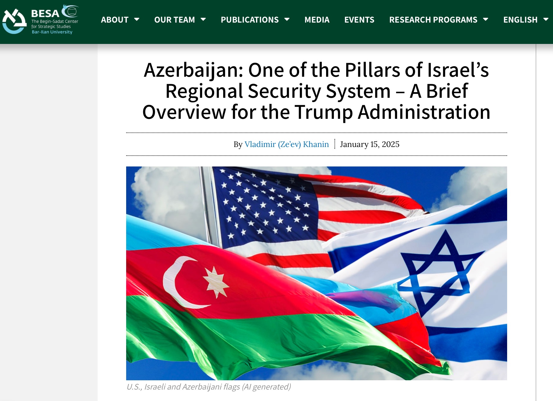 Azerbaijan - strategic partner for Israel in the region, BESA think tank says