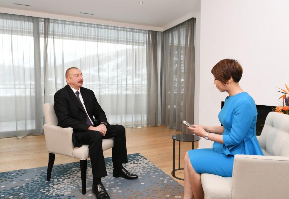 Azərbaycan Prezidenti İlham Əliyev Davosda Çinin CGTN televiziyasına müsahi ...