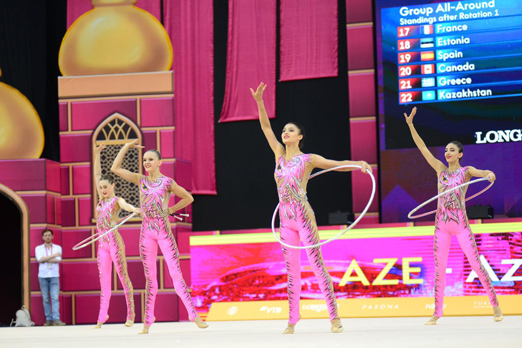 Milli Gimnastika Arenasında dünya çempionatı çərçivəsində qrup hərəkətlərdə komanda yarışları davam edir (FOTO)